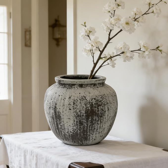 Oakrain Large Rustic Vase, 11" Distressed Round Floor Vase for Home Decor, Farmhouse Centerpieces Planters for Living Room Indoor Outdoor Use, Gray