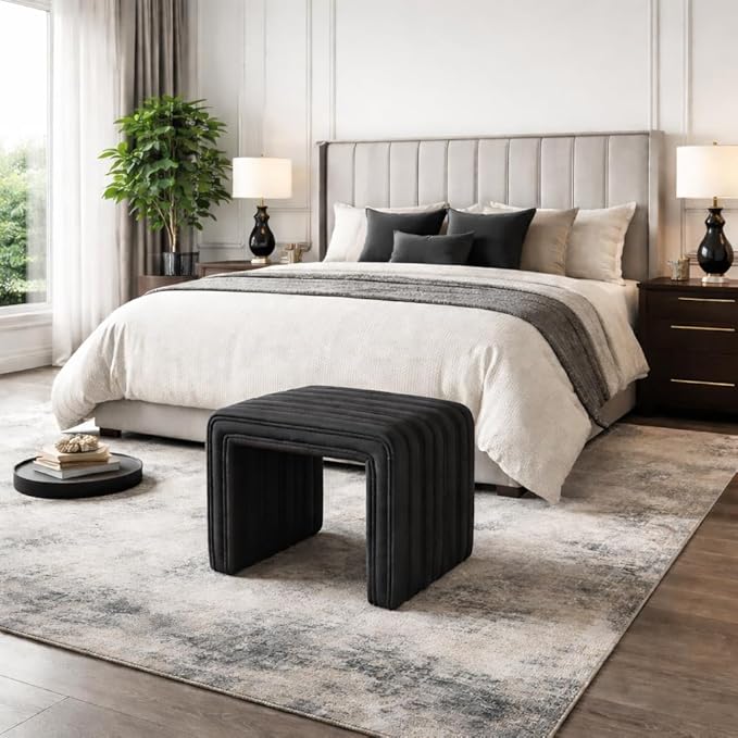HomePop Modern Channel Tufted Faux Leather Ottoman|Homepop Home Décor|Ottoman for Living Room & Bedroom - Black Faux Leather