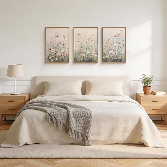 LHIUEM Watercolor Wildflower Framed Canvas Wall Art,Vintage Floral Wall Decor,Nature Pink Daisy Painting,Botanical Flower Artwork for Living Room,Bedroom,Dining Room -24"x36"x3
