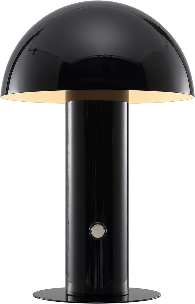 JONATHAN Y 10.75" Black Rechargeable LED Mushroom Table Lamp, Cordless Portable Bedside Lamp for Living Room Bedroom, 3-Way Dimmable Modern Iron Desk Light, Metal Shade JYL7115A