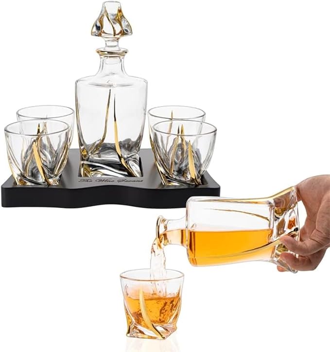 Ember Gilded Japanese Crystal Whisky Decanter Set with 4 Tumbler Glasses, Lead-Free Liquor Carafe & 10oz Rocks Glasses - Scotch Bourbon, Spirits & Wood Base Elegant Barware Gift for Men, Japan Design