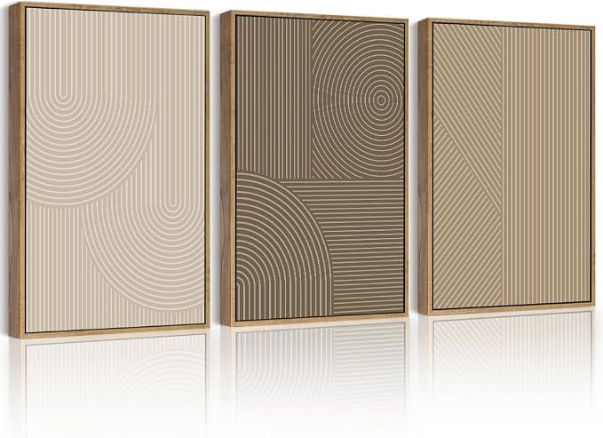 PHOPAGO Boho Mid-Century Modern Framed Wall Art Large 16x24in Minimalist Abstract Neutral Line Wall Decor Bohemain Geometric Artwork Bedroom Home Office - Natural Framed