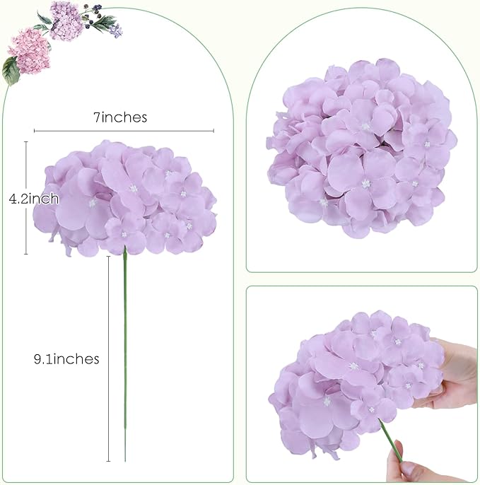 AVIVIHO 10pcs Fake Flowers Lavender Hydrangea Artificial Flowers Bulk (Not Squished, No Steaming Need) Silk Flowers with Stems for Wedding Decor,Home,Baby Shower,Table Centerpieces Decoration