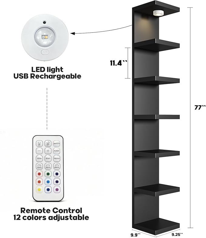 7-Tier Vertical Wall Shelf Unit with USB Rechargeable Led Light (Remote Controlled),Versatile Floating Display Shelves,Lack Style Wall Shelves for Bedroom,Living Room,Office Decor,Vanity-Black