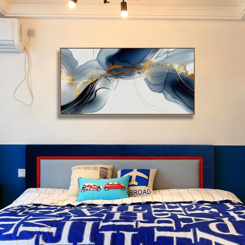 HUADAOART Abstract Painting Modern Art Wall Mural Gold And Blue Background Wall Decor for Living Room Bedroom Print on Artwork Home Decor Framed 30x60inch