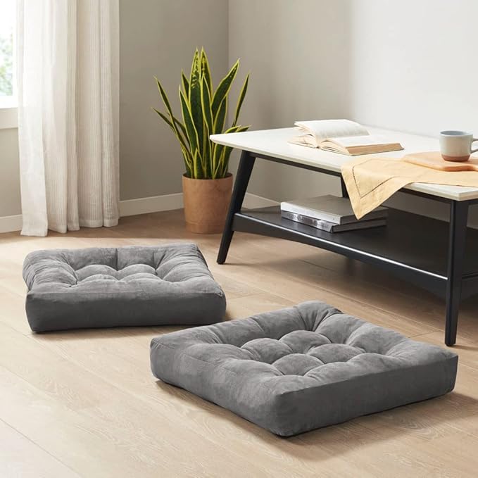 Degrees of Comfort Floor Cushion 6 Pack for Meditation, Home Office & Dorm – Corduroy Soft Seating Set, 22 Inch, High-Density Foam, Square Shape, Grey