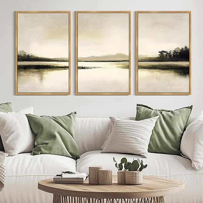 PHOPAGO Abstract Lake Landscape Framed Wall Art Huge 24x36in Watercolor Nature Wilderness Paints Nordic Neutral Tan Illustration Decorative - Natural Framed