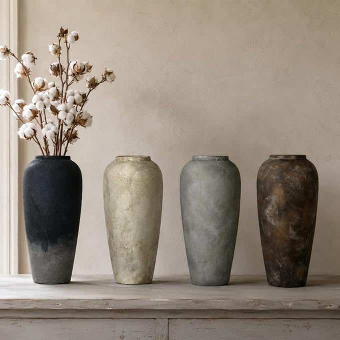15 Inch Farmhouse Ceramic Rustic Vase, White Grey Flower Vases for Centerpieces & Home Decor, Handmade Pottery Vases for Living Room, Bedroom & Wedding Decor, Vintage Ceramic Vase for Gifts