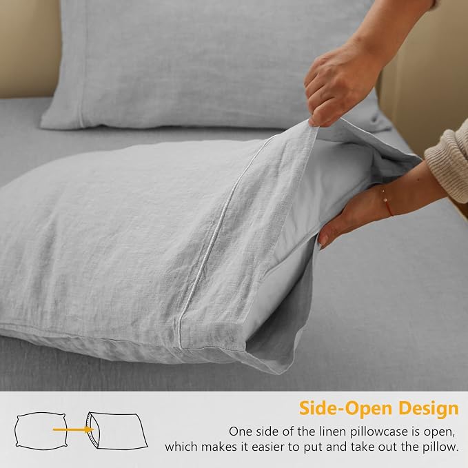 Simple&Opulence 100% French Linen Pillowcase King Size-Set of 2- Washed Solid Color Pillow Cases Embroidered -Soft and Durable (Grey, 20''x40'')
