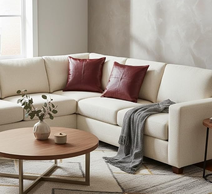 Genuine Leather Pillow Cover Case for Lumbar Throw Couch Pillows - Farmhouse Decorative Modern Sofa Thick & Soft Cushion Covers (Maroon, 20" x 20")