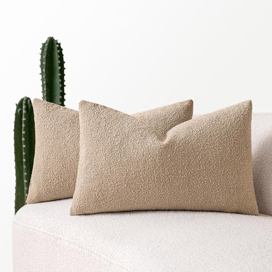 MIULEE 12x20 Inch Decorative Lumbar Pillow Covers for Bed Set of 2 Textured Boucle Neutral Throw Pillow Covers Taupe Khaki Camel Accent Solid Pillowcases Sofa Living Room Home Decor