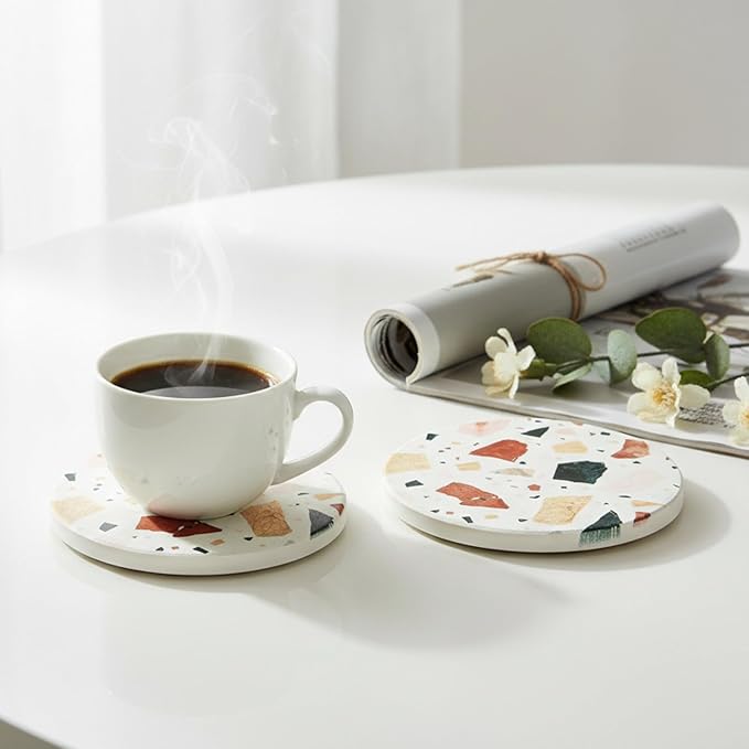 Absorbent Coaster Set of 6 with Holder, Drink Coasters for Coffee Table, Kitchen, Home Decor, Cute Ceramic Round Coasters, Alternative to Silicone, Cork or Glass Coaster (Terra)