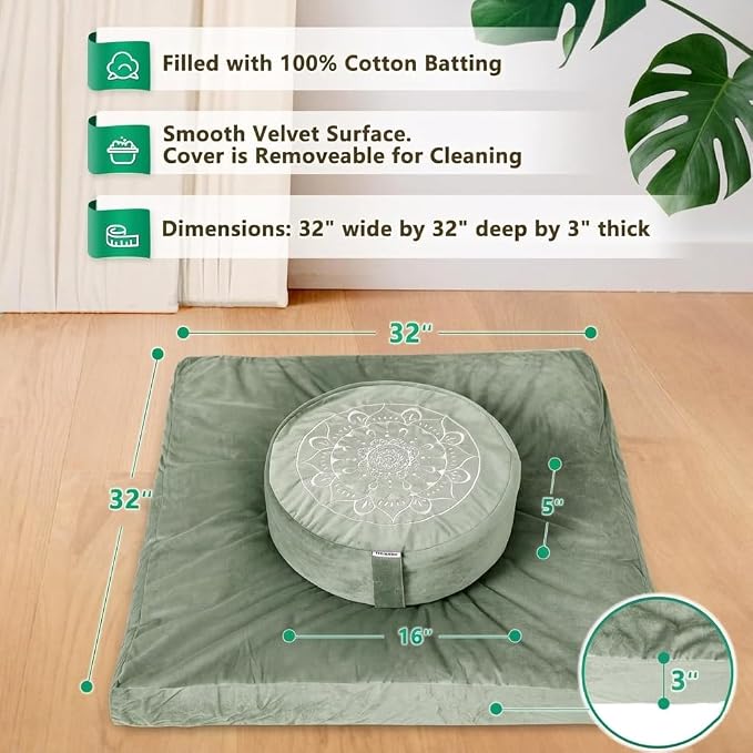 Hihealer Meditation Cushion, Traditional Tibetan Meditation Pillow Velvet Cover - Large Floor Cushion Seating for Adults - Yoga Buckwheat Bolster for Women、Moms
