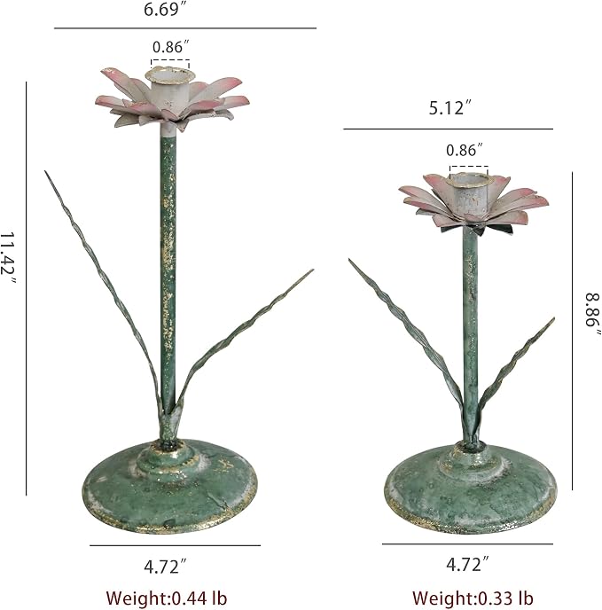 Vintage Lotus Flower Taper Candle Holders Set of 2, Distressed Green Metal Candlestick Stands with Pink Floral Design, Rustic Farmhouse Tabletop Centerpiece for Wedding, Dining & Home Decor