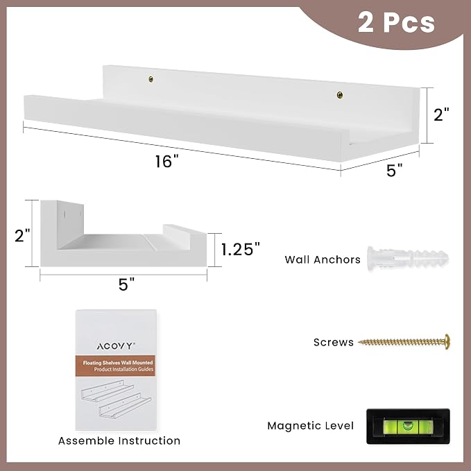 Acovy Floating Shelves for Wall, 16 inch Solid Wood Picture Ledge Shelf, Picture Shelf for Wall with Ledge, Floating Book Shelves for Living Room Bedroom Kitchen Nursery Decor, White, Set of 2