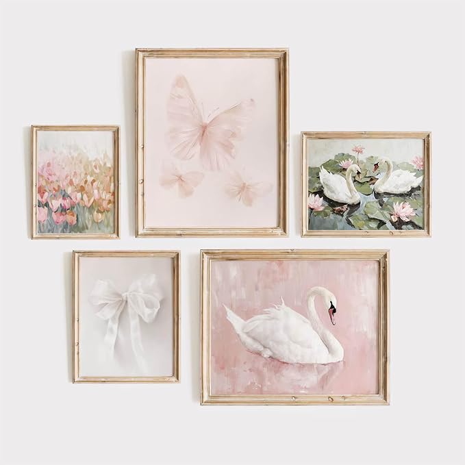 Tocliky Coquette Pink Wall Art Decor Swan Posters Bow Flower Canvas Wall Art Preppy Cute Pictures Trendy Butterfly Posters Coquette Aesthetic Prints for Girl Dorm Room Bedroom 8x10x5 Inch Unframed