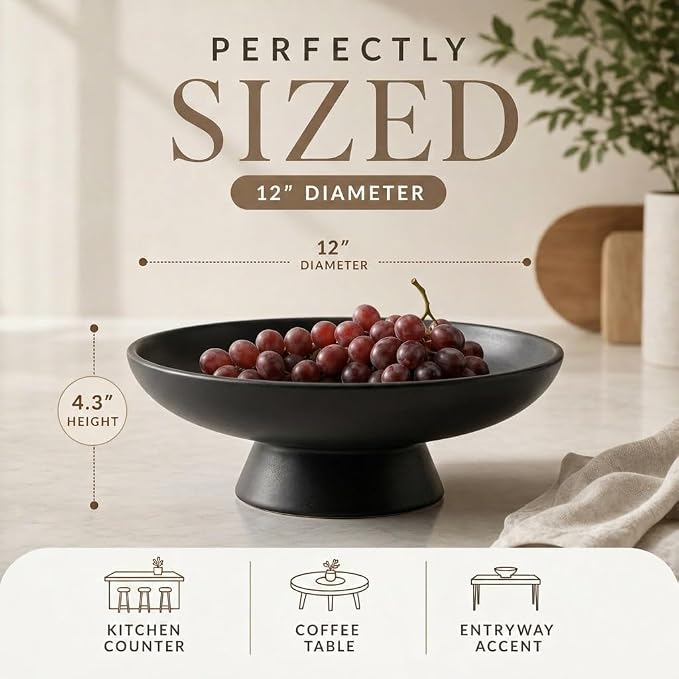 12" Concrete Fruit bowl for Kitchen Counter, Coffee Table Decor, Decorative Key Bowl, Home Décor Accents, Kitchen Counter Decor Black