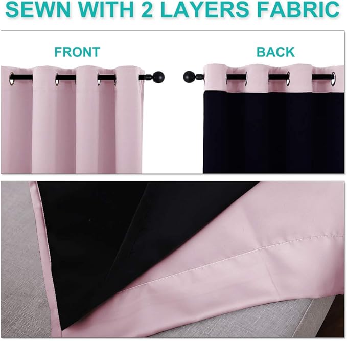 NICETOWN 100% Blackout Window Curtain Panels, Baby Pink, 2 Pieces, 70-inch Wide Per Panel, Full Light Blocking Drapes with Black Liner for Nursery, 72-inch Drop Thermal Insulated Draperies