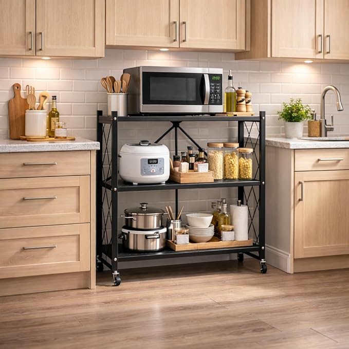 Our Modern Space 3-Tier Foldable Storage Shelf with Wheels | Metal Rack Collapsible Shelving Display | Rolling Cart for Books Kitchen Storage Shelves | Pantry & Closet Organizer | Office Room Decor