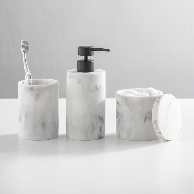 mDesign Printed Resin 3-Piece Bathroom Vanity Countertop Accessories - Soap Dispenser, Tumbler Rinsing Cup, and Canister Holder Sets - Complete Modern Counter Aesthetic - Set of 3 - Marble