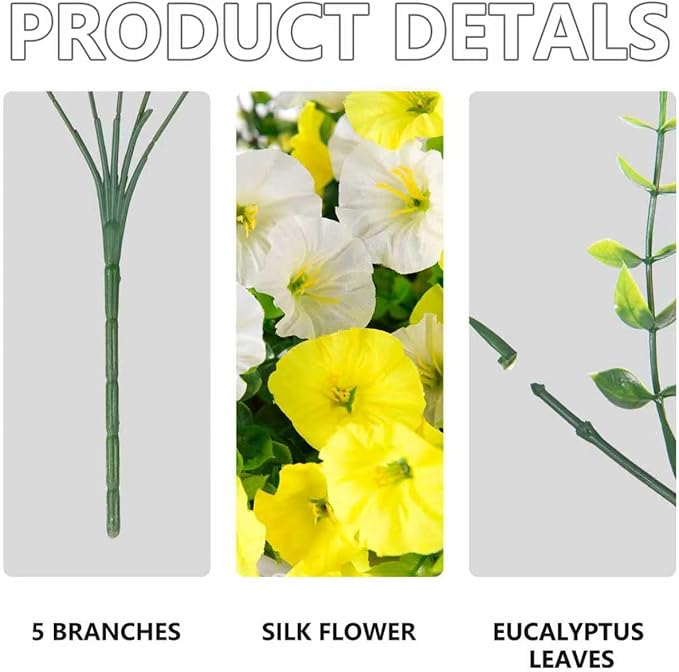 Fake Artificial Hanging Morning Glory Flowers for Outdoor Planters Porch Pation Decoration,8 Bundles UV Resistant Silk Faux Flowers with Realistic Eucalyptus Plants for Home Office Garden Decor