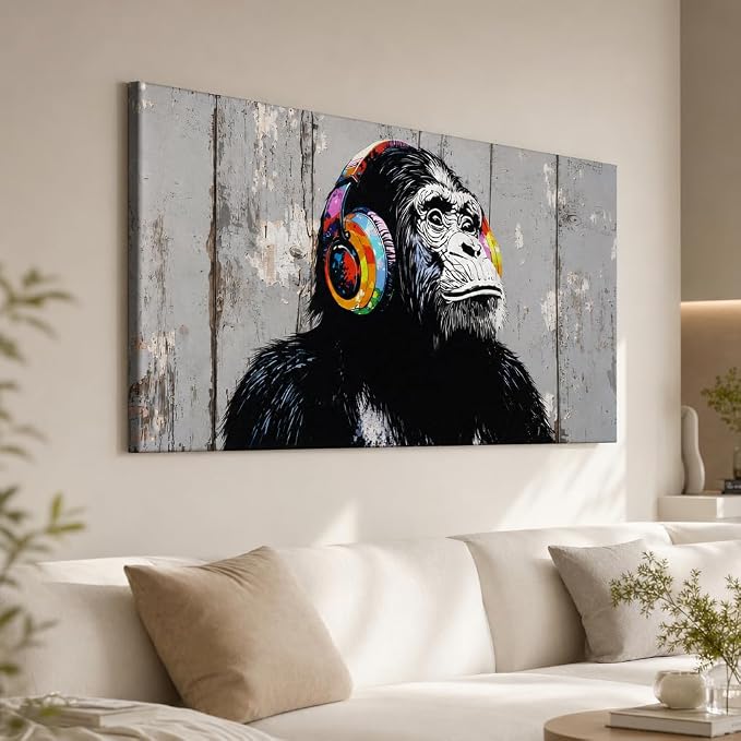 Wall Art Graffiti Gorilla Abstract Canvas Painting Textured Picture, Modern Landscape Artwork Framed for Living Room Bedroom Bathroom Office Home Decor 40x20in