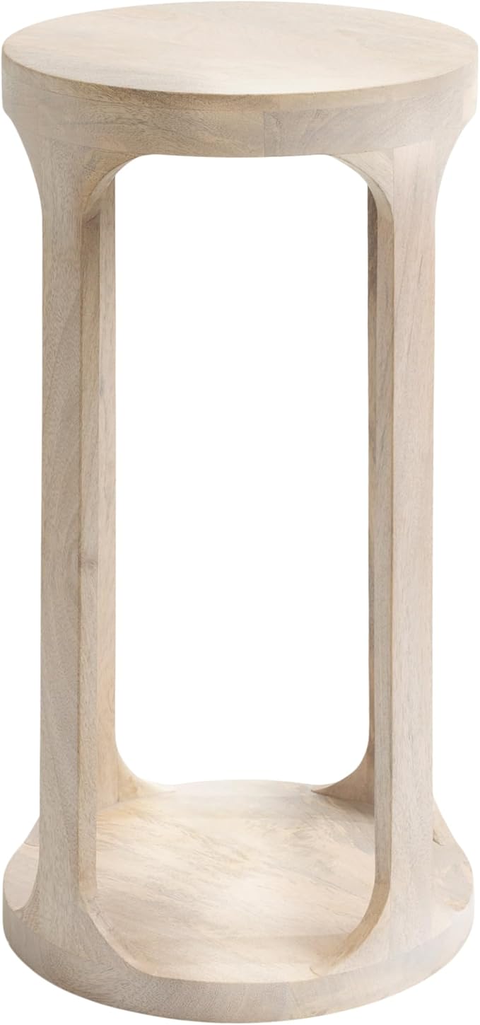 Kate and Laurel Dahl Wooden Round Drink Table; 12 x 23; Whitewash; Transitional Boho Circle Wood Accent Pedestal Table for Living Room Plant Stand or Small Bedroom Nightstand