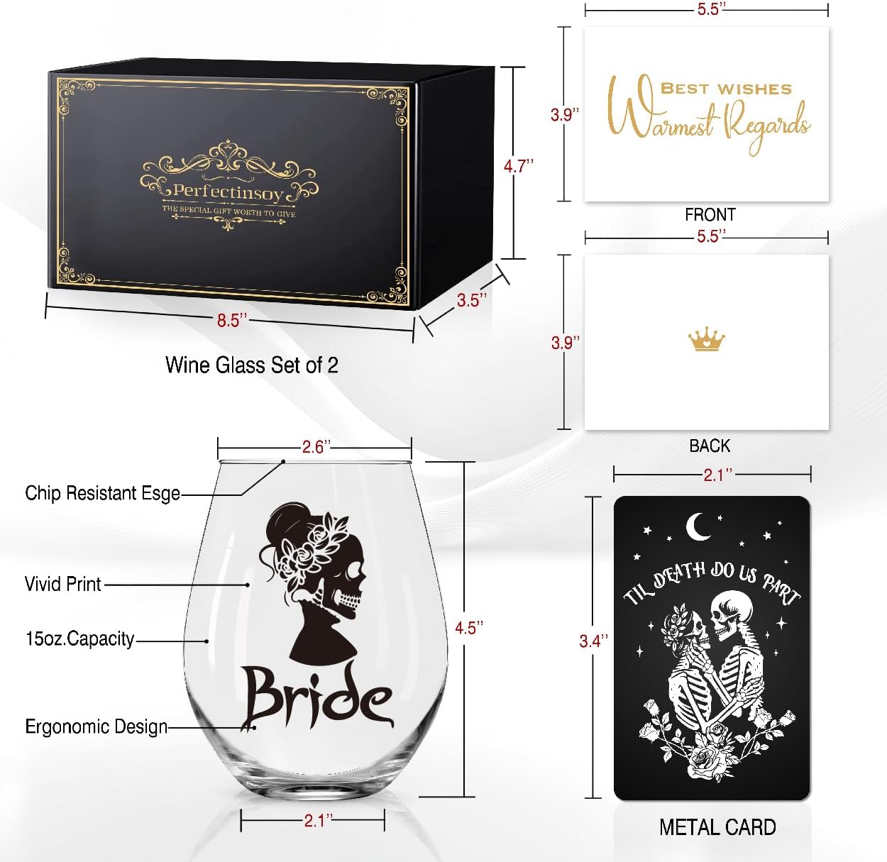 Perfectinsoy Skull Wine Glass 2 Piece with Gift Box, Zombie Design, Valentine's Day Autumn Halloween, Anniversary Wedding Gifts, Couple Gifts for Boyfriend and Girlfriend. (Bride Groom Set of 2)