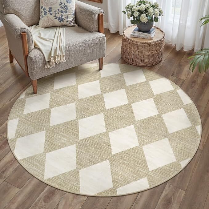 PureCozy Machine Washable Beige 4ft Round Rugs for Kids Room Modern Soft Small Checkered Rug Non-Slip Low Pile Accent Indoor Office Carpet for Bedroom Dining Room Classroom