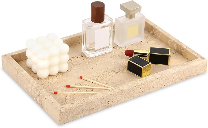Marble Bathroom Vanity Tray, Natural Luxury Vanity Home Kitchen Bathroom Table Tray, Stone Decorative Countertop Dresser Trays for Key Coffee Perfume Jewelry Makeup (Travertine, 12"x 8" x1.2")