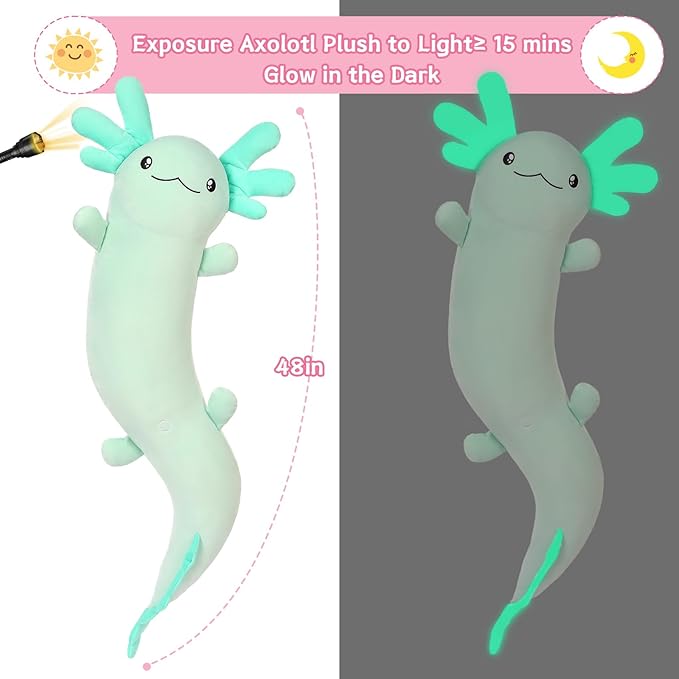 MaoGoLan Giant Axolotl Plush Stuffed Animal,Big Axolotl Plush Pillow Toy for Kids Girl Boy,Jumbo Stuffed Salamander Body Pillow Toy Glow in The Dark, Birthday Easter Gift Baby Shower Party Decor Green