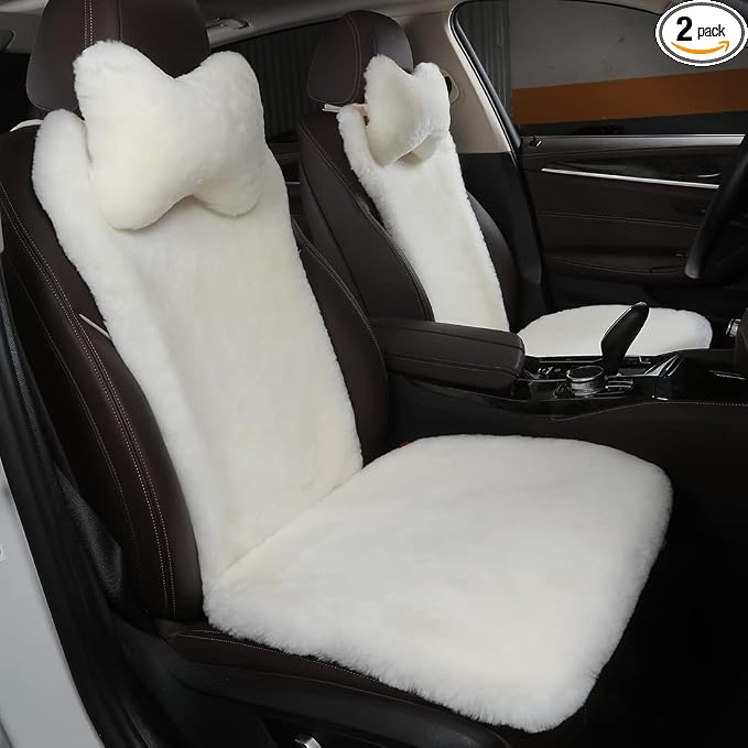 OGLAND 2 Pack Fluffy Fuzzy Fur Sheepskin Car Seat Covers for Universal Auto Plush Seat Cushion Accessories (White)