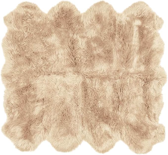 Octo Sheepskin Area Rug 6x6 Ft – 100% Genuine Long Hair Lambskin – Premium Soft & Fluffy Light Beige Rug for Bedroom or Living Room – Made in Argentina