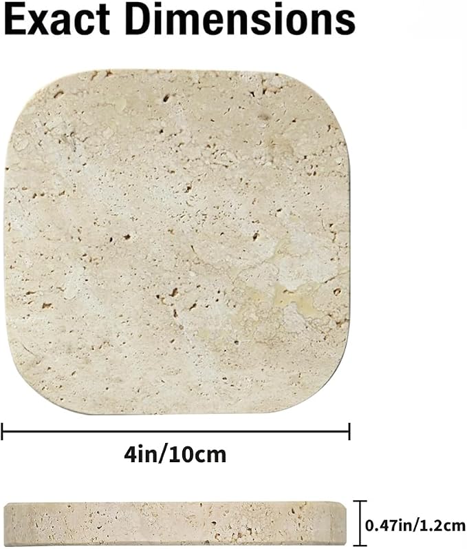 Natural Travertine Marble Coasters Set of 4-4" Square Stone Drink Coasters, Non-Slip Cork Backing, Housewarming Gift, Wedding, Protect Tables from Stains & Scratches (Rounded Square)