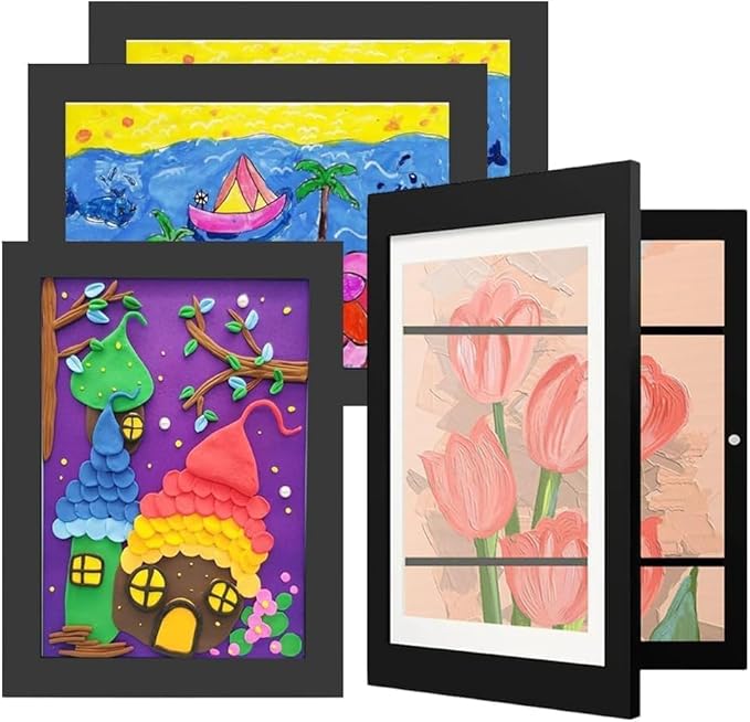 Kids Art Frames 8.5x11, 4-Pack Front Opening Changeable Picture Frames for Kids Artwork, Holds 150 Pieces Each, Artwork Storage and Wall Display Frame for Drawings, Portfolio, Black