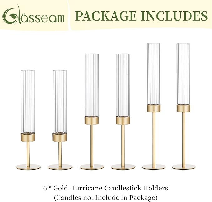 Glasseam Tapered Gold Candlestick Holders: 6 Pcs Tall Brass Taper Candle Holder with Ribbed Glass Cylinder - Hurricane Fluted Candle Holders for Table Centerpiece Wedding Party Christmas Decorations