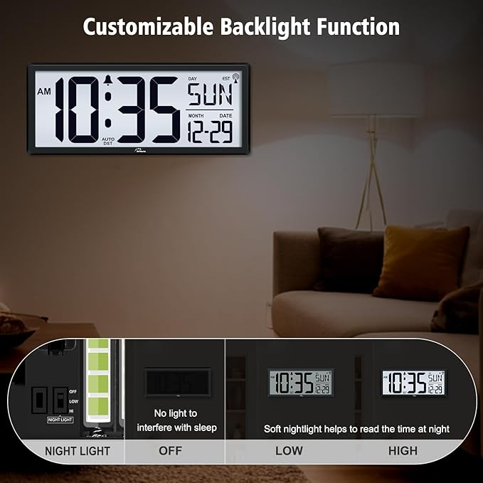 WallarGe 14.5'' Atomic Clock with Backlight, Large Digital Wall Clock Battery Operated, Large Display with Temperature and Date, Easy to Read and Set Digital Wall Clock, Auto DST