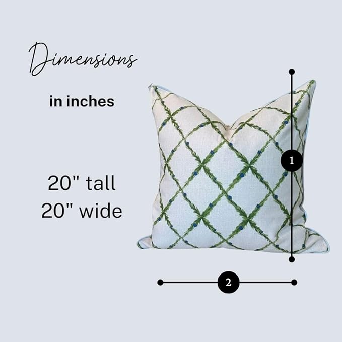 Jillien Harbor “The Lattice” Spring Decorative Festive Pillow Cover – Garden-Inspired White Accent Pillow Cover with Grey-Blue Pipping – Grandmillennial Home Decor, 20" x 20"