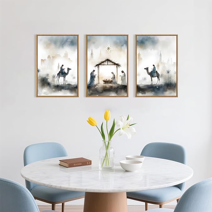 Large Catholic Jesus Nativity Scene Framed Canvas Wall Art Set,Watercolor Holy Birth of Jesus Wall Decor,Trendy Christian Religious Artwork for Living Room,Bedroom,Church-16 x24 x3