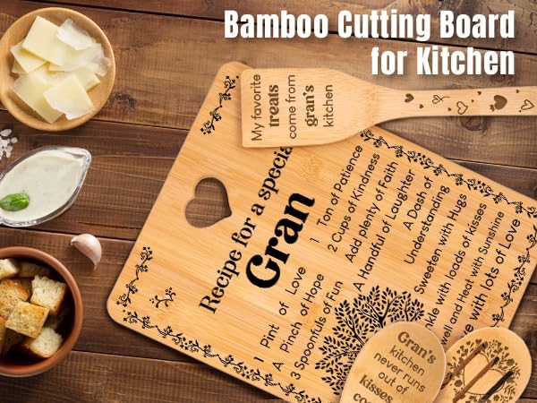 Gran Gifts - "Recipe for a Special Gran" Gran Gifts for Grandma Cutting Board Set, Bamboo-Made Engraved Utensil Set Gifts for Gran Cutting Board, Mothers Day Gifts for Gran.