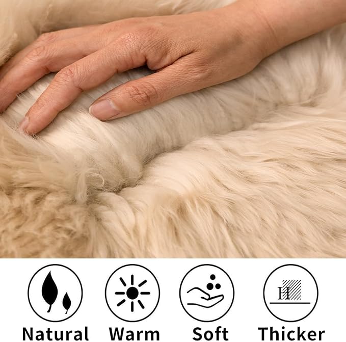 Sheepskin Chair Cushion Non-Slip Back Square Genuine Fur Chair Cover Silky Natural Wool Seat Cushion Pad Soft Area Rugs Carpet for Home Office Restaurant Chair 18x18 Inch (Flaxen, Pack of 4)