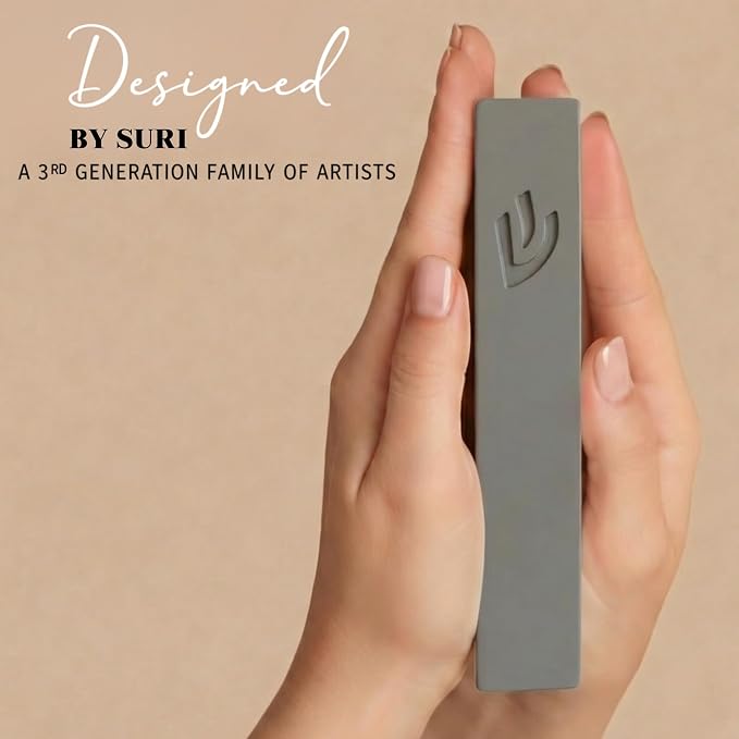 SURI Mezuzah for Door – 7 Inch Light Gray Concrete Mezuzah Case with Non Kosher Scroll, Self-Stick Jewish Entry Design, Fits a 6 Inch Scroll, Gift Box Included