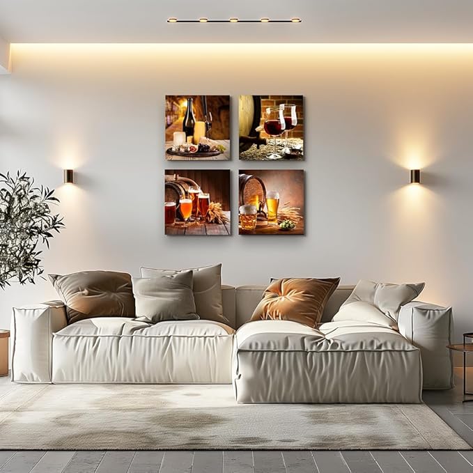 Wall Art for Dining Room Kitchen wall decor Restoring ancient ways Still life Wine glass Wine barrel Canvas Prints Bar Home Decoration 12x12 inch/4 piece restaurant posters decor Artwork Home decor