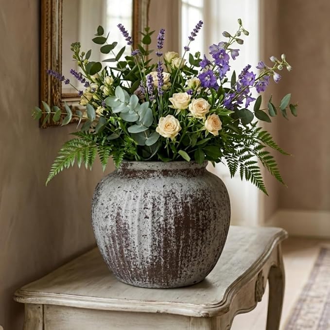 Oakrain Large Rustic Vase, 11" Distressed Round Floor Vase for Home Decor, Farmhouse Centerpieces Planters for Living Room Indoor Outdoor Use, Gray