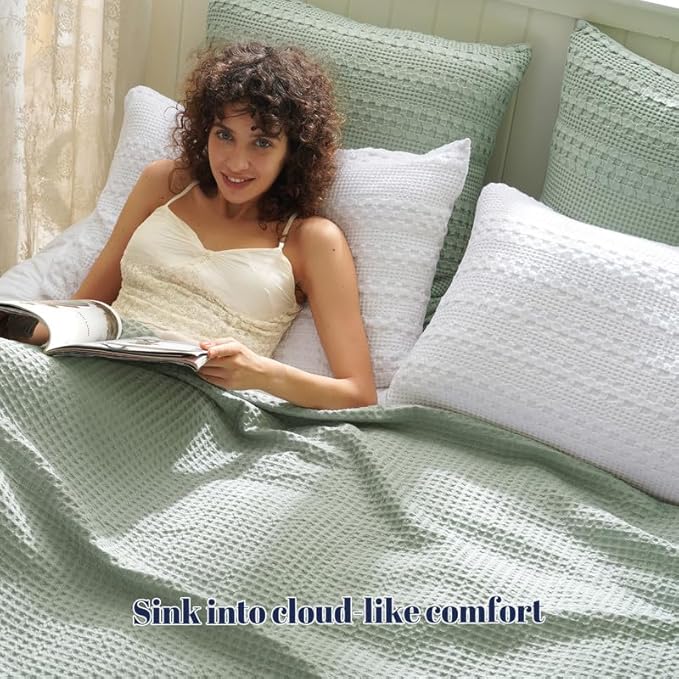 PHF 100% Cotton Waffle Weave Euro Sham Covers, 2 Pack 26" x 26" Bed Pillow Covers for Elegant Home Decor, No Filling, Luxury Aesthetic Soft Euro Pillow Cases for Bed, Mint Green