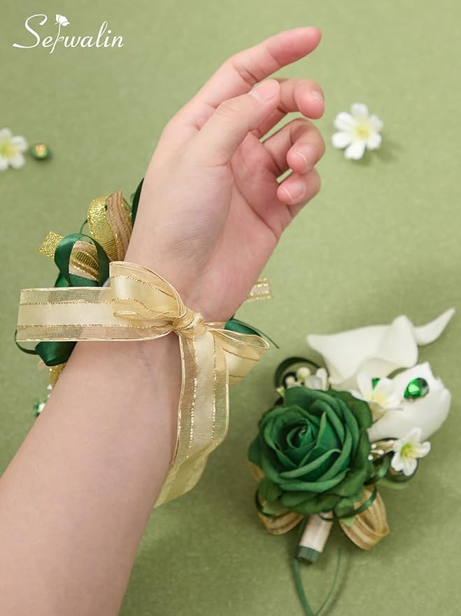 Serwalin Green Prom Corsage and Boutonniere Set, Artificial Calla Lily & Rose Wrist Corsage Wristlet for Homecoming, Formal Dance, Wedding Flower Accessories Suit Decorations