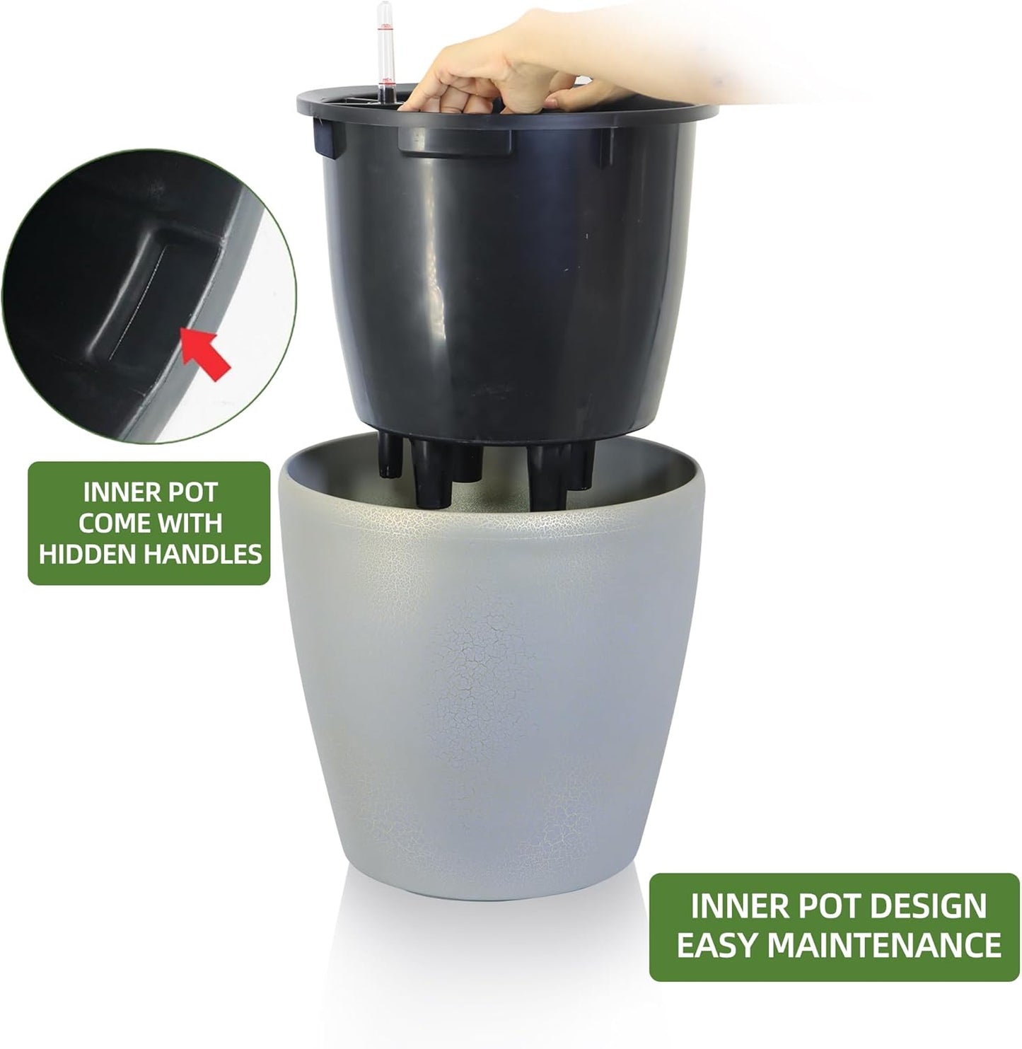 Dexceder 15x14 Self Watering Planter with Wheels Indoor Outdoor, Inner Pot Design, Thickened Large Floor Standing Flower Plant Pot with Water Level Indicator (Grey Gold Crackle)