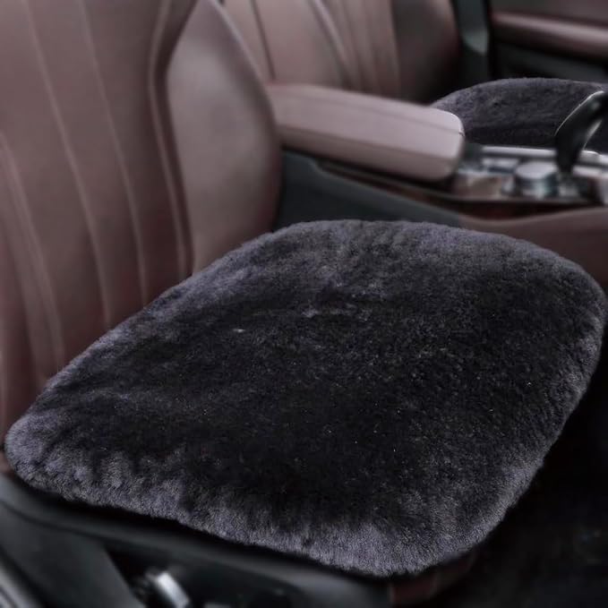 OGLAND Fuzzy Sheepskin Car Seat Cover | Luxury Comfortable Soft Cushion All Seasons | Auto Golf Cart Protection Pad for Pet Elderly Durable Long Drive Travel, Carbon Black