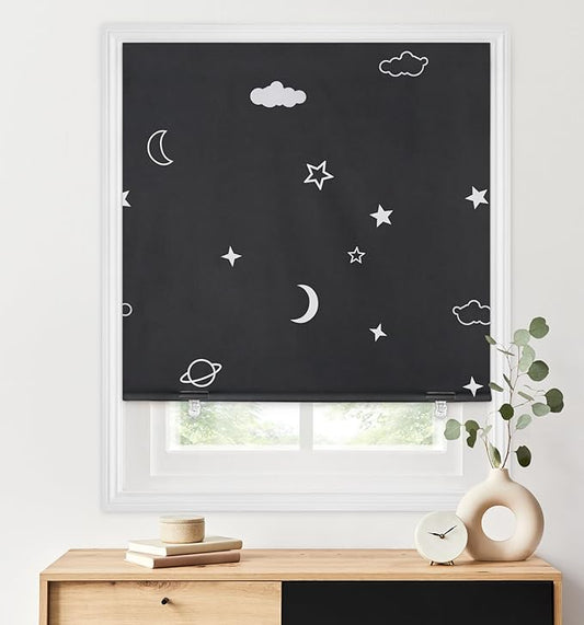LazBlinds 100% Blackout Roller Shades, No Tools No Drill Cordless Blinds for Windows, Thermal Insulated UV Protection Privacy Window Shades for Bedroom (48''W x 72''H, Stars)