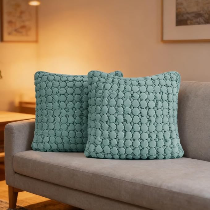 Throw Pillow Covers 18x18 Set of 2 Velvet Square Pillowcase Soft Skin-Friendly Thickened Decorative Farmhouse Cushion Covers Soft Bubble Texture for Couch Bedroom Living Room,Blue Green